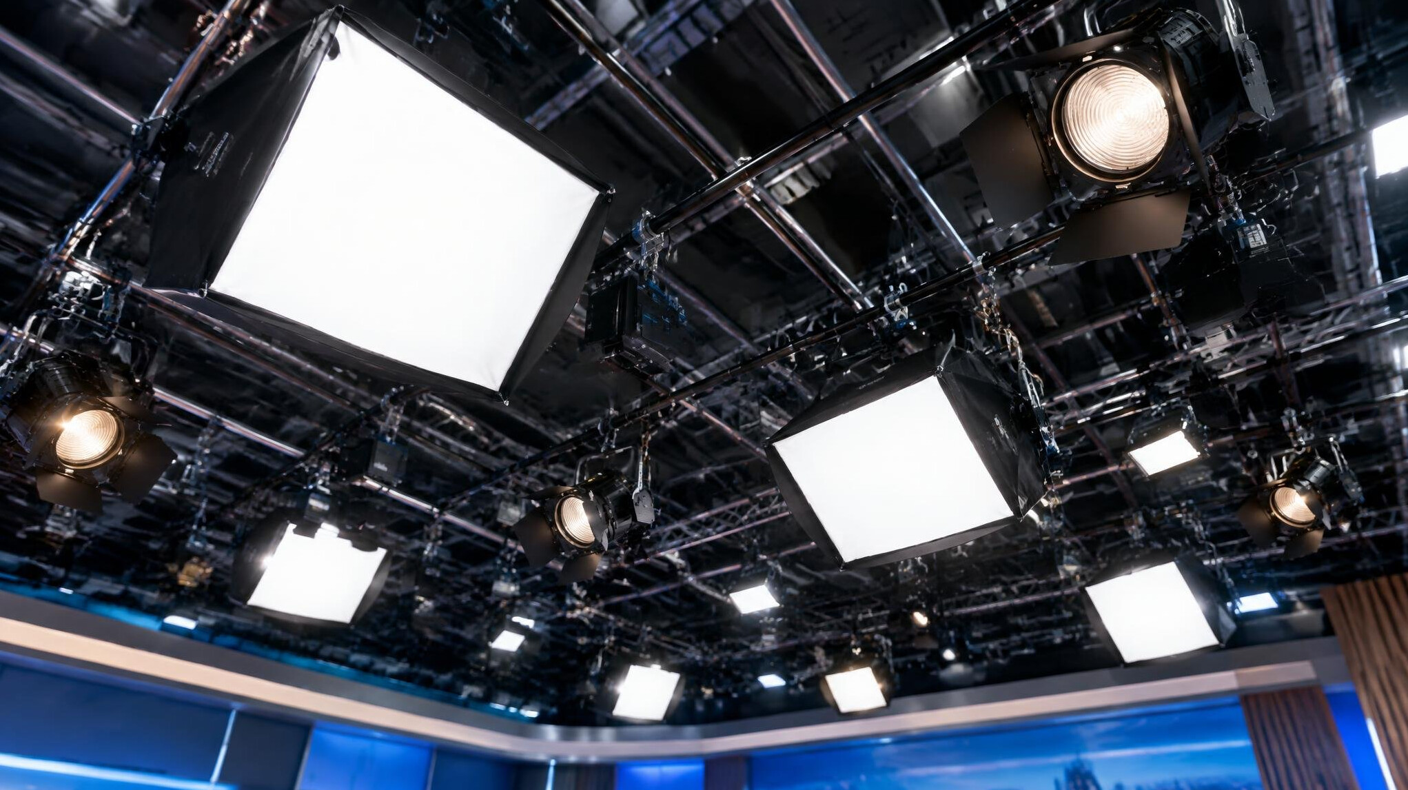 Overhead lighting grid rig inside a television studio