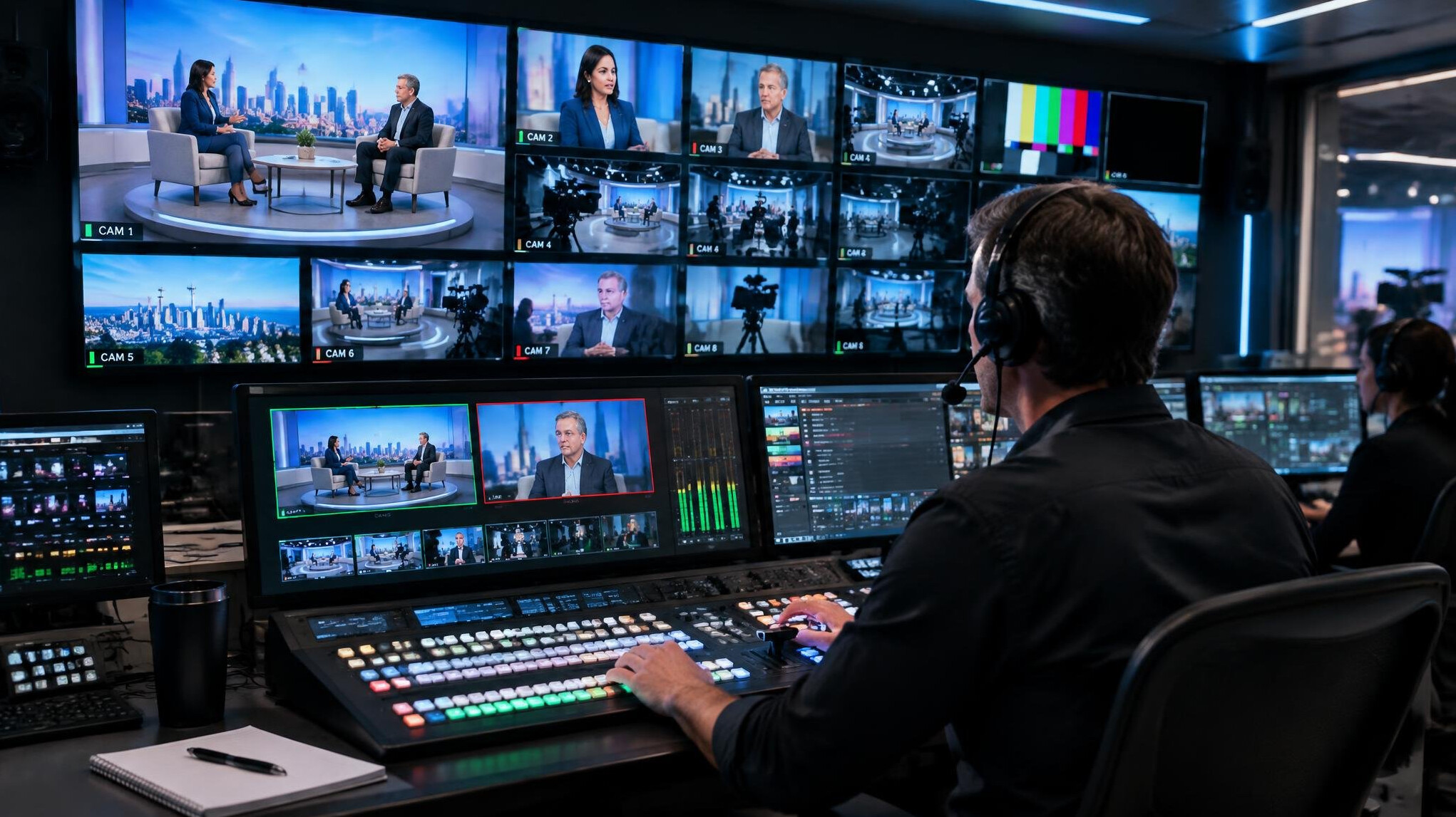 Live broadcast gallery with multiple video preview screens